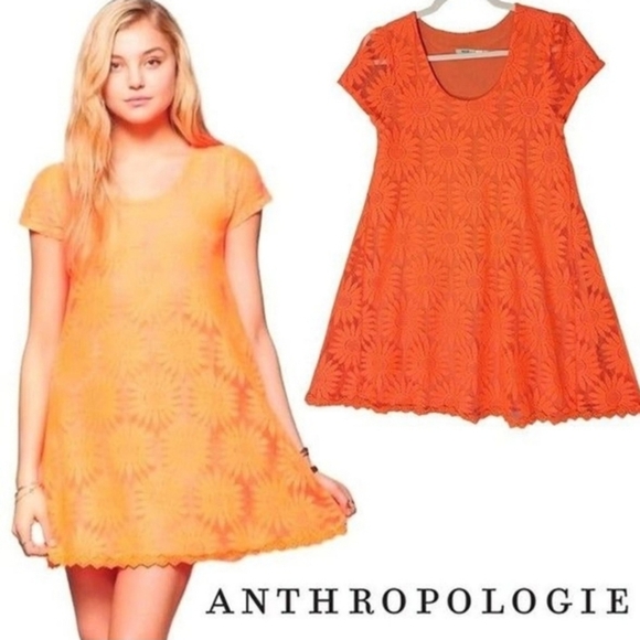 Kimchi Blue Anthro Neon Orange Daisy Lace Trapeze Mini Dress Sz XS MSRP $69 NWT - Picture 1 of 13